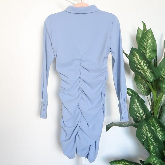 Zara Blue Bodycon Asymmetric Ruched Draped Long Sleeve Mini Shirt Dress - Picture 9 of 13